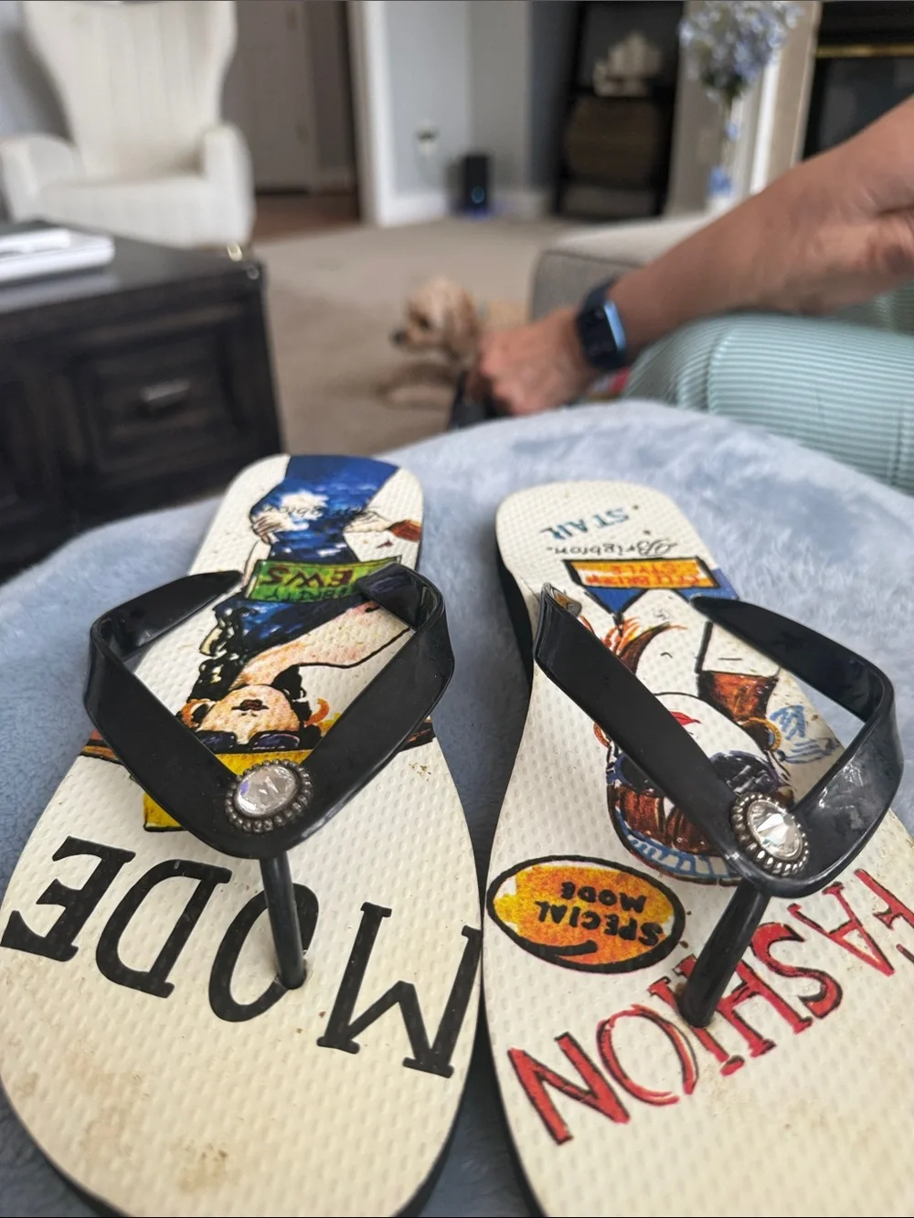 Bella Vita Black Strap Flip-Flops with Colorful Graphic Footbed